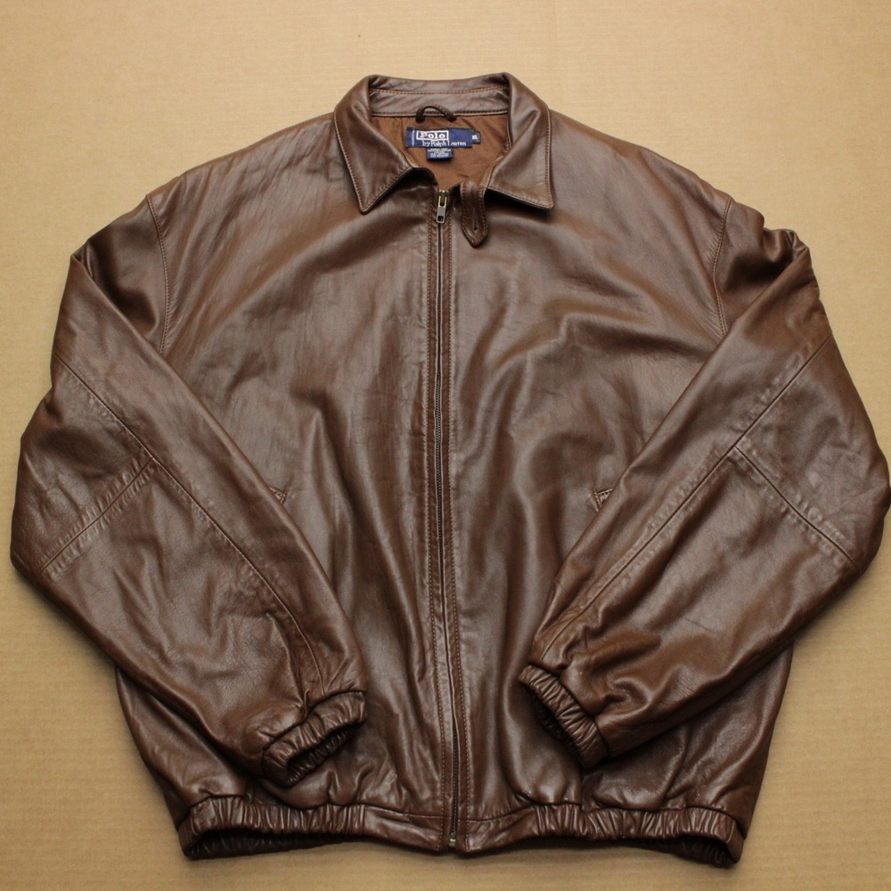 Vintage Polo Ralph Lauren Leather Harrington Jacket Mens XL Brown Full Zip Cuff